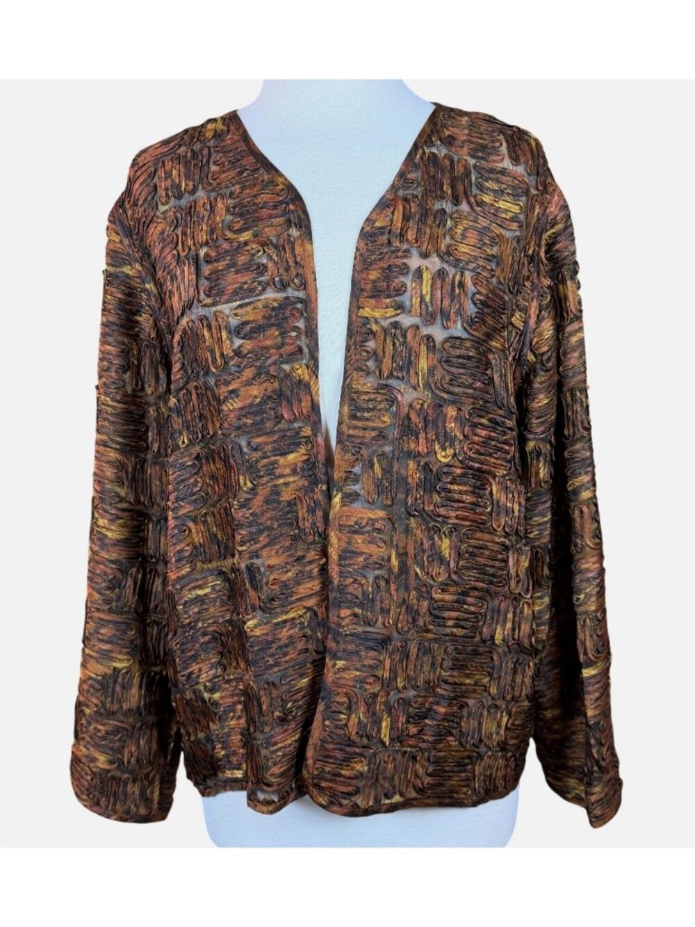 Chicos 100% Silk Woven Ribbon Burnout Long Sleeve Open Front Bronze Jacket Med